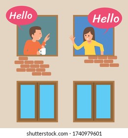 Neighborhood concept. People look out of windows. The neighbors of an apartment building. Life in big cities. Vector illustration.