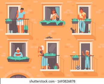 Neighborhood concept. People stand on balconies or look out of windows. The neighbors of an apartment building. Life in big cities. Vector illustration in a flat style