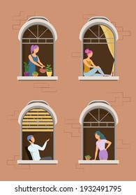Neighborhood concept. People stand on balconies or look out of windows. Man and woman in the windows