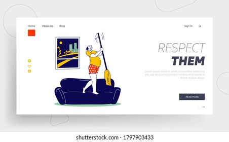 Neighborhood Conflict Landing Page Template. Angry Male Character Wearing Underwear Stand on Sofa Knocking Ceiling with Mop Upset about Noisy Neighbors above, Problem. Linear Vector Illustration