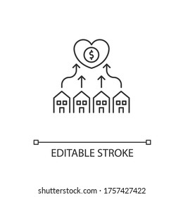 Neighborhood development pixel perfect linear icon. Suburban community. Crowdfunding for charity. Thin line customizable illustration. Contour symbol. Vector isolated outline drawing. Editable stroke