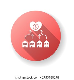 Neighborhood development red flat design long shadow glyph icon. Suburban community union. Financial contribution to residential housing. Affordable home. Silhouette RGB color illustration