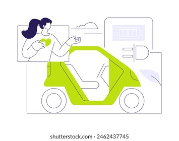 Neighborhood electric vehicle abstract concept vector illustration. Woman standing near her neighborhood electric car, ecology care, sustainable urban transportation abstract metaphor.