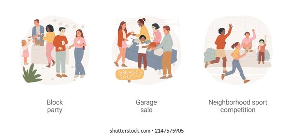 Neighborhood events isolated cartoon vector illustration set. Block party, people queueing for barbecue outdoor, residential area, garage sale, sport competition, urban runners vector cartoon.