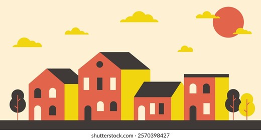 neighborhood flat illustration vector in bright colors. Geometric house background design