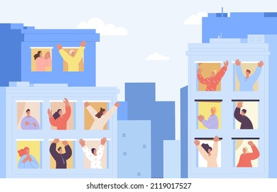 Neighborhood. Happy people look from windows, say hello to spring. Good weather, season of walking. Easter holidays, party or friendly community vector illustration