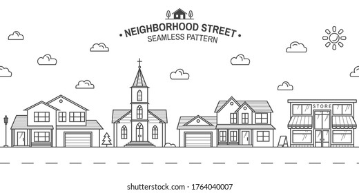 Neighborhood with home, store and church illustrated on white. Vector thin line icon suburban american houses. For web design and application interface. Seamless pattern or background for wallpaper