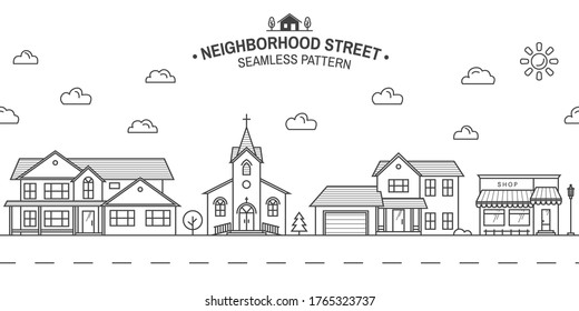 Neighborhood with home, store and church illustrated on white. Vector thin line icon suburban american houses. For web design and application interface. Seamless pattern or background for wallpaper