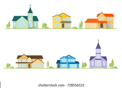 Neighborhood with homes and churches illustrated on white. Vector flat icon suburban american houses. For web design and application interface, also useful for infographics. Vector illustration.