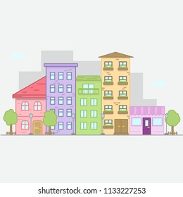 Neighborhood with homes illustrated on the blue background. Flat icon suburban american houses. For web design and application interface, also useful for infographics. Flat city