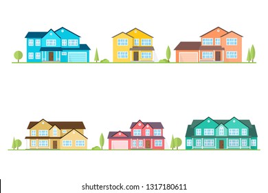 Neighborhood with homes illustrated on white. Vector flat icon suburban american houses. For web design and application interface, also useful for infographics. Vector illustration.