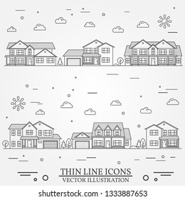 Neighborhood with homes illustrated on white. Vector thin line icon suburban american houses. For web design and application interface, also useful for infographics. Vector dark grey.