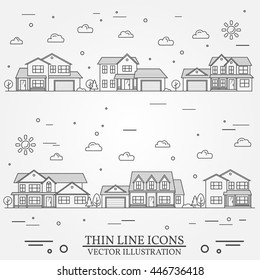 Neighborhood with homes illustrated on white. Vector thin line icon suburban american houses. For web design and application interface, also useful for infographics. Vector dark grey.