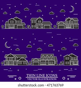 Neighborhood with homes illustrated on white and purple background. Vector thin line icon suburban american houses day, night. For web design and application interface, also useful for infographics.