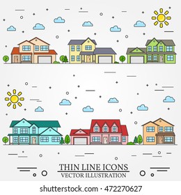 Neighborhood with homes illustrated on white background. Vector thin line icon suburban american houses day. For web design and application interface, also useful for infographics.