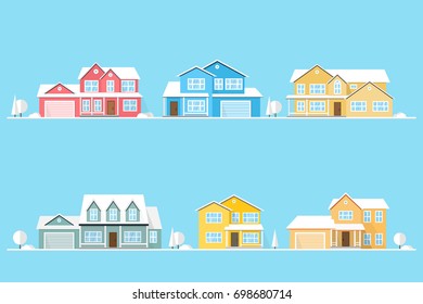 Neighborhood with homes and snowflakes illustrated on the blue background. Vector flat icon suburban american houses in winter. For web design and application interface, also useful for infographics. 