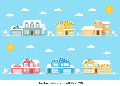 Neighborhood With Homes And Snowflakes Illustrated On The Blue Background. Vector Flat Icon Suburban American Houses In Winter. For Web Design And Application Interface, Also Useful For Infographics. 