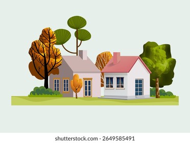 Bairro casa, Edifício de rua, arquitetura imobiliária, apartamento. Ilustração da casa de fachada na paisagem urbana.