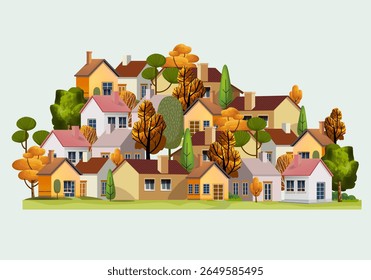 Bairro casa, Edifício de rua, arquitetura imobiliária, apartamento. Ilustração da casa de fachada na paisagem urbana.