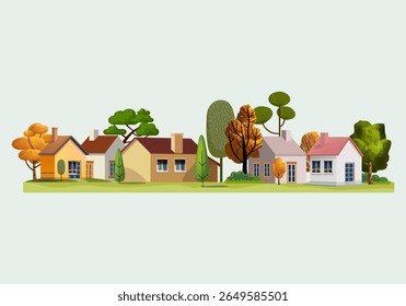 Bairro casa, Edifício de rua, arquitetura imobiliária, apartamento. Ilustração da casa de fachada na paisagem urbana.