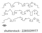 Neighborhood houses outline panoramic landscape. Continuous one line buildings drawing silhouette. Minimalistic vector illustration