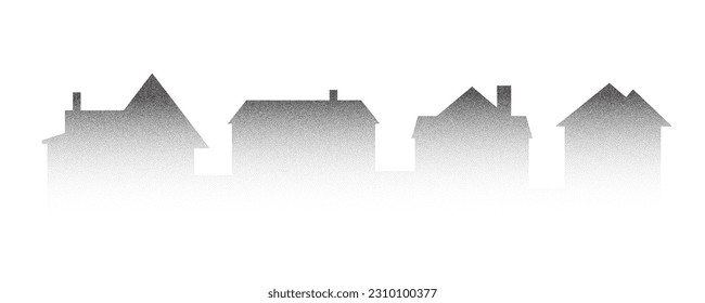 Neighborhood houses stipple panoramic landscape. Buildings drawing silhouette with dotted gradient. Minimalistic vector illustration