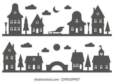 Neighborhood houses vector silhouettes. Skyline with small cute buildings on white background. Christmas village homes. Winter rural street. Landscape city scene
