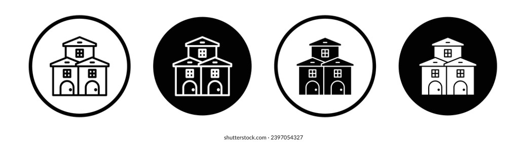 Neighborhood icon set. village house community vector symbol in black filled and outlined style.