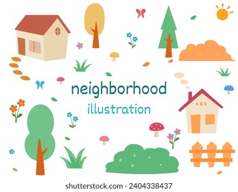 Neighborhood illustration with houses, trees, flowers and plants in a village. Cute doodle for children in flat style design.