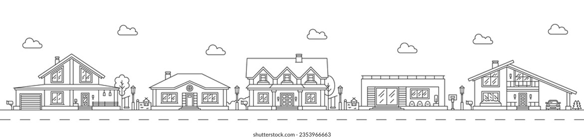 Arte de líneas de vecindad, casas de ciudad y edificios de ciudad en la calle, paisaje vectorial de fondo. Esbozar las mansiones de barrio, las casas de pueblo y las residencias, cabañas lineales con coches y terraza