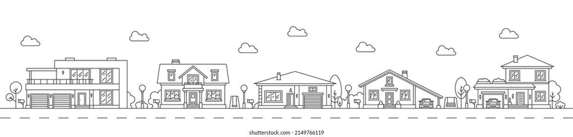 Neighborhood Line Art Cityscape, Town City Street And Houses, Vector Outline Landscape. Linear Houses And Suburban Village Homes, Residential, Apartments And Cottage Buildings Neighborhood Cityscape