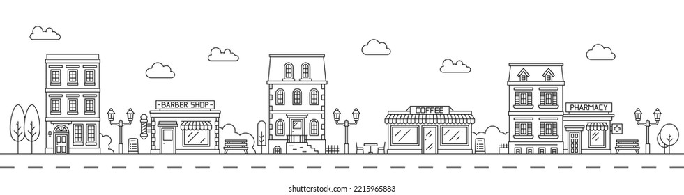 Neighborhood Line Art Cityscape. Town City Street. Downtown Outline Landscape Or Neighborhood Urban Architecture Vector Background With City Shop Or Store, Barbershop Exterior, Cafe Facade