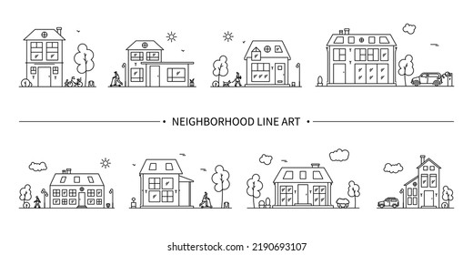 Neighborhood Line Art Collection. A Group Of Different Linear Compositions With Houses, People And Cars.