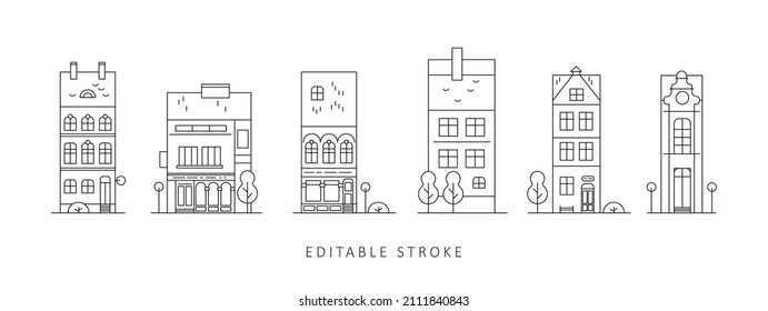 Neighborhood line art house icons. City street with buildings in front, trees and street elements. Urban minimalism scene in flat style. Editable stroke illustration.