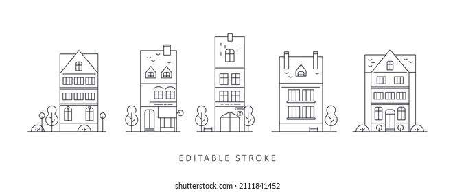 Neighborhood line art house icons. City street with buildings in front, trees and street elements. Urban minimalism scene in flat style. Editable stroke illustration.