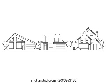 Neighborhood Line Art House. Isolated On White Background.Outline Vector Illustration.