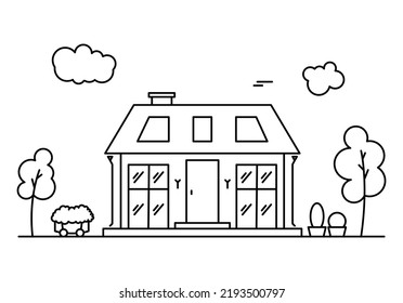 Neighborhood line art with a house and trees.