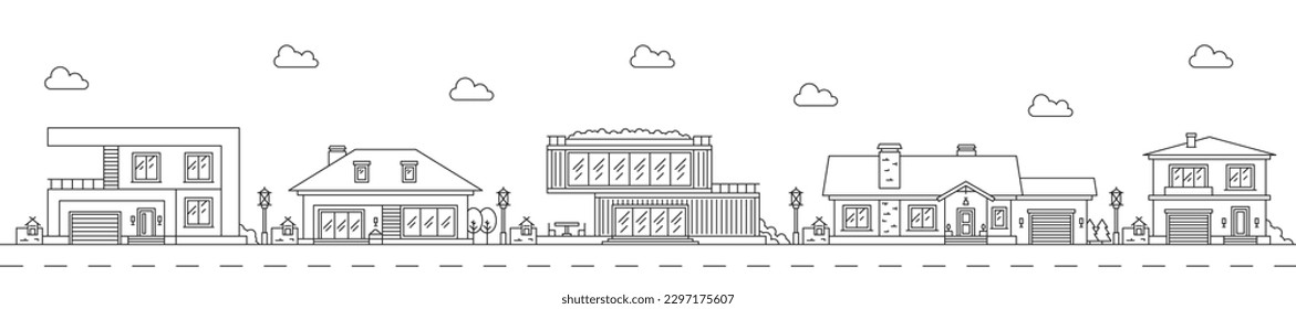 Neighborhood line art, outline village or town houses and buildings, vector background. City street houses, suburb cityscape or suburban homes neighbourhood and residential apartment in line art