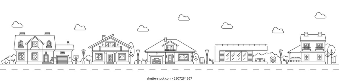 El arte de la línea del vecindario esboza los edificios de la aldea o de la casa del pueblo, fondo vectorial de paisaje urbano. Casas lineales y casas de aldeas suburbanas, paisaje residencial con apartamentos y casas de campo