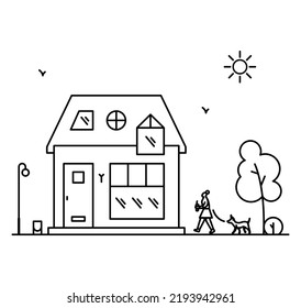 Neighborhood Line Art Picture. Woman Walking With The Dog.