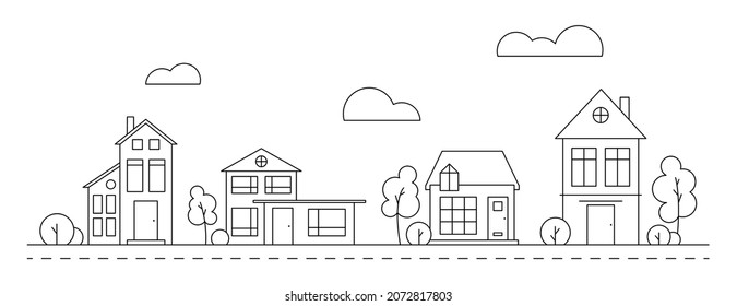 Neighborhood line art vector illustration with house collection. Cityscape with monochrome residential buildings.