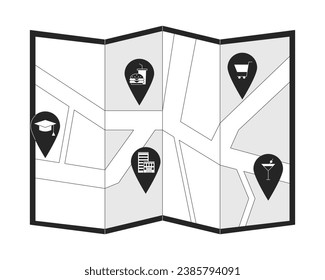 Neighborhood map with pinpoints black and white 2D line cartoon object. Entertainment education. Downtown location pins isolated vector outline item. Urban plan monochromatic flat spot illustration