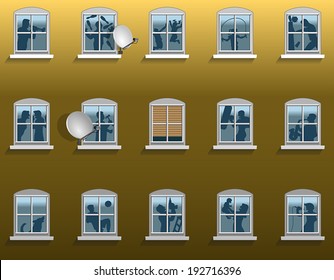 Neighborhood noise in an apartment building - silhouettes of loud neighbors and their varying kinds of annoying din. Vector illustration on gradient background.