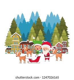 neighborhood with pine trees and santa claus with elf in sleigh
