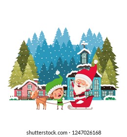 neighborhood with pine trees and santa claus with elf in sleigh