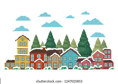 neighborhood with pine trees and snow isolated icon