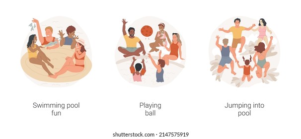 Neighborhood pool party isolated cartoon vector illustration set. Neighbors having fun, child in inflatable ring, kids play ball in swimming pool, diverse people jump in water vector cartoon.