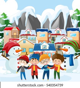 Neighborhood scene with four boys in winter clothes illustration