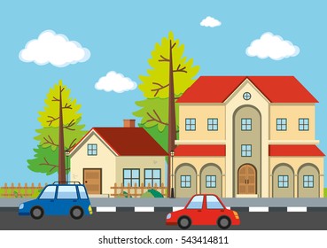 Neighborhood scene with houses and cars illustration