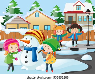 Neighborhood scene with kids playing with snowman illustration
